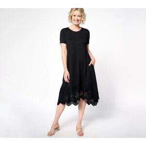 LOGO Lavish by Lori Goldstein Knit Dress Size Small Regular Lace Hem Black Chic